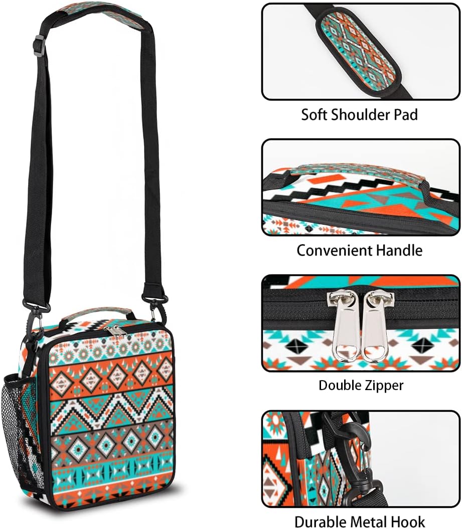 Pardick Aztec Geometric Kids Lunch Box Aztec Insulated Lunch Bag Tote for Girls Boys Cooler Freezable Meal Prep Bag with Shoulder Strap Waterproof Lunch Container for School Office Picnic