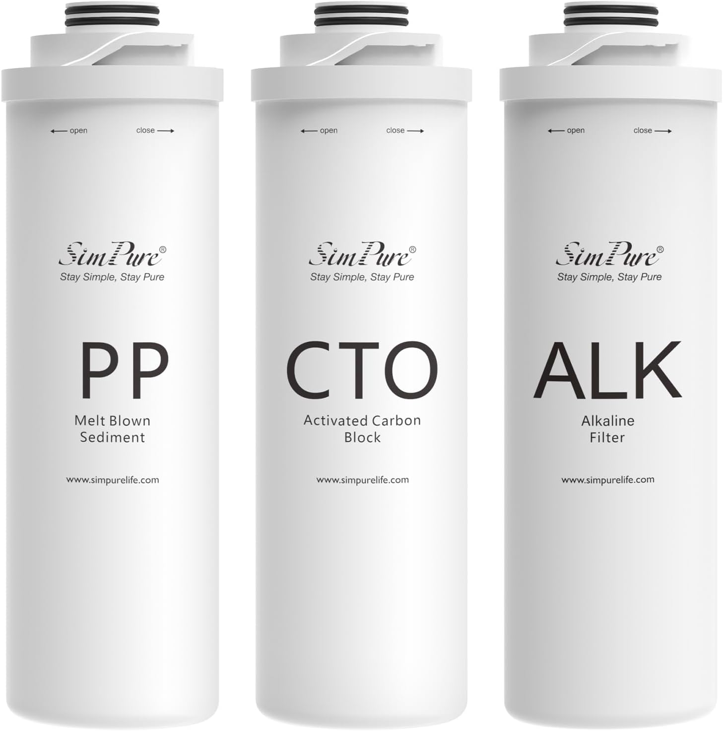 SimPure T1 Series 6-Month Replacement Filter Cartridge Pack Set for Model T1-100ALK, T1-400ALK (1*PP + 1*CTO + 1*ALK)