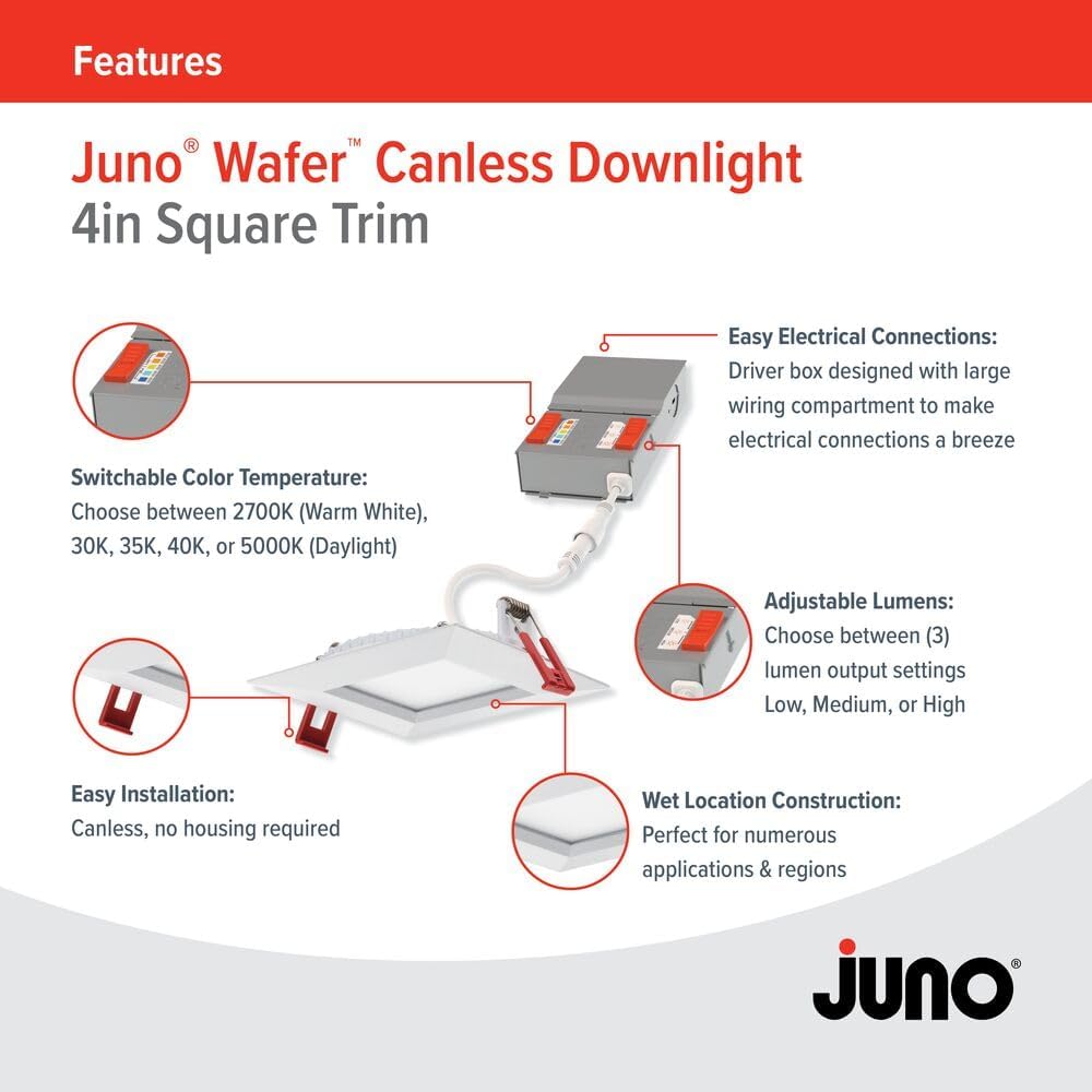 Juno LED Recessed Lights 4 Inch Square Wafer Downlight, 5-in-1 Switchable White Color Temperature, Adjustable Brightness, 120 Volts, 4-Inch Trim, 1 Pack, Matte White