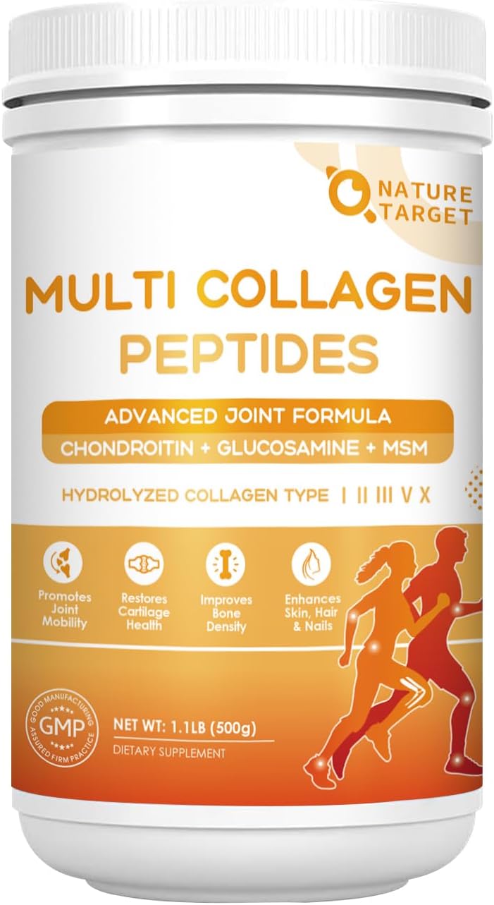 NATURE TARGET Multi-Collagen-Peptides-Powder for Joint Support, Hydrolyzed Collagen for Women Men with MSM + GC, Type I II III V X Collagen for Skin Hair & Nail, Non-GMO, 50 Servings