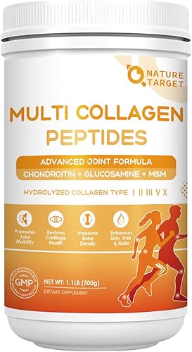 NATURE TARGET Multi-colágeno en polvo para apoyo articular, colágeno hidrolizado para mujeres y hombres con MSM + GC, colágeno tipo I II III V X