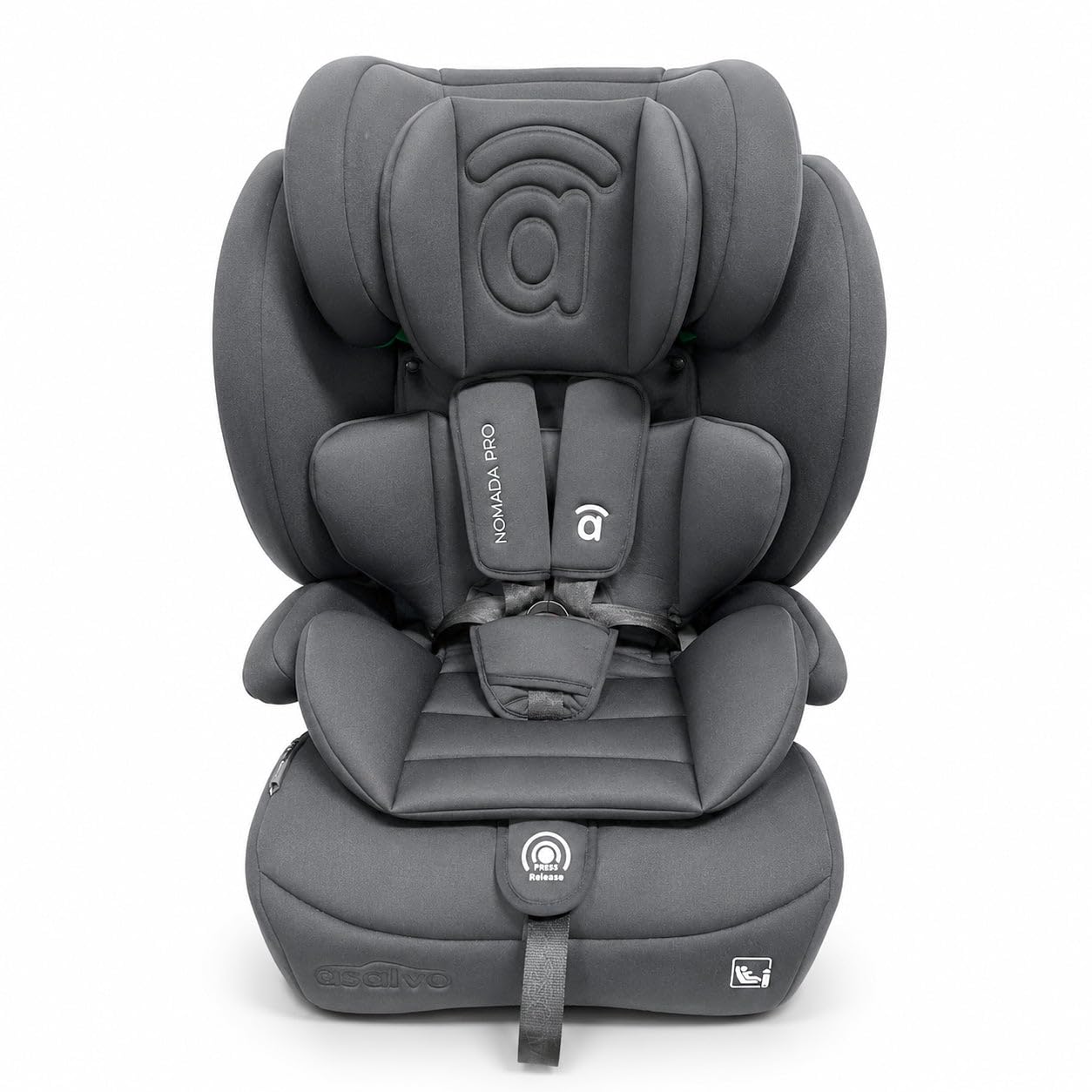 Silla de Coche i-Size 76-150 cm (15 meses–12 años) Grupo 1 2 3, Ligera 5 kg, Instalación con Cinturón, Arnés 5 Puntos, Protección Lateral – Asalvo Nómada Pro Gris