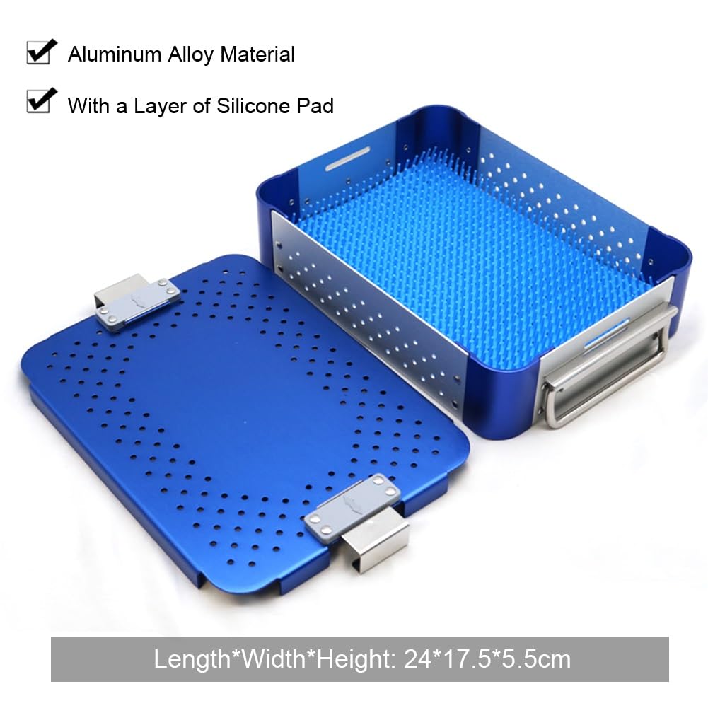 Caja de desinfección de Instrumentos quirúrgicos médicos, Bandeja de esterilización de aleación de Aluminio, Caja de Bandeja de esterilización con Almohadilla de Silicona(24 * 17.5 * 5.5cm)
