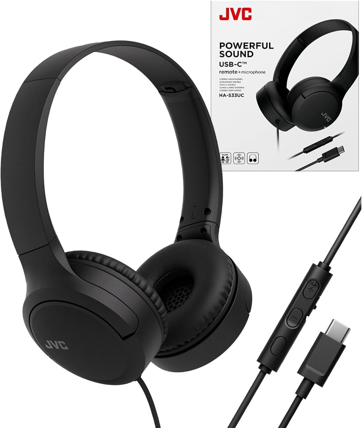 JVC USB-C Wired On-Ear Headphones with Mic – Comfortable All-Day Wear, Clear Calls, Rich Sound – Foldable & Lightweight – Tangle-Free Single-Sided Cable – Great for Gaming & Work from Home