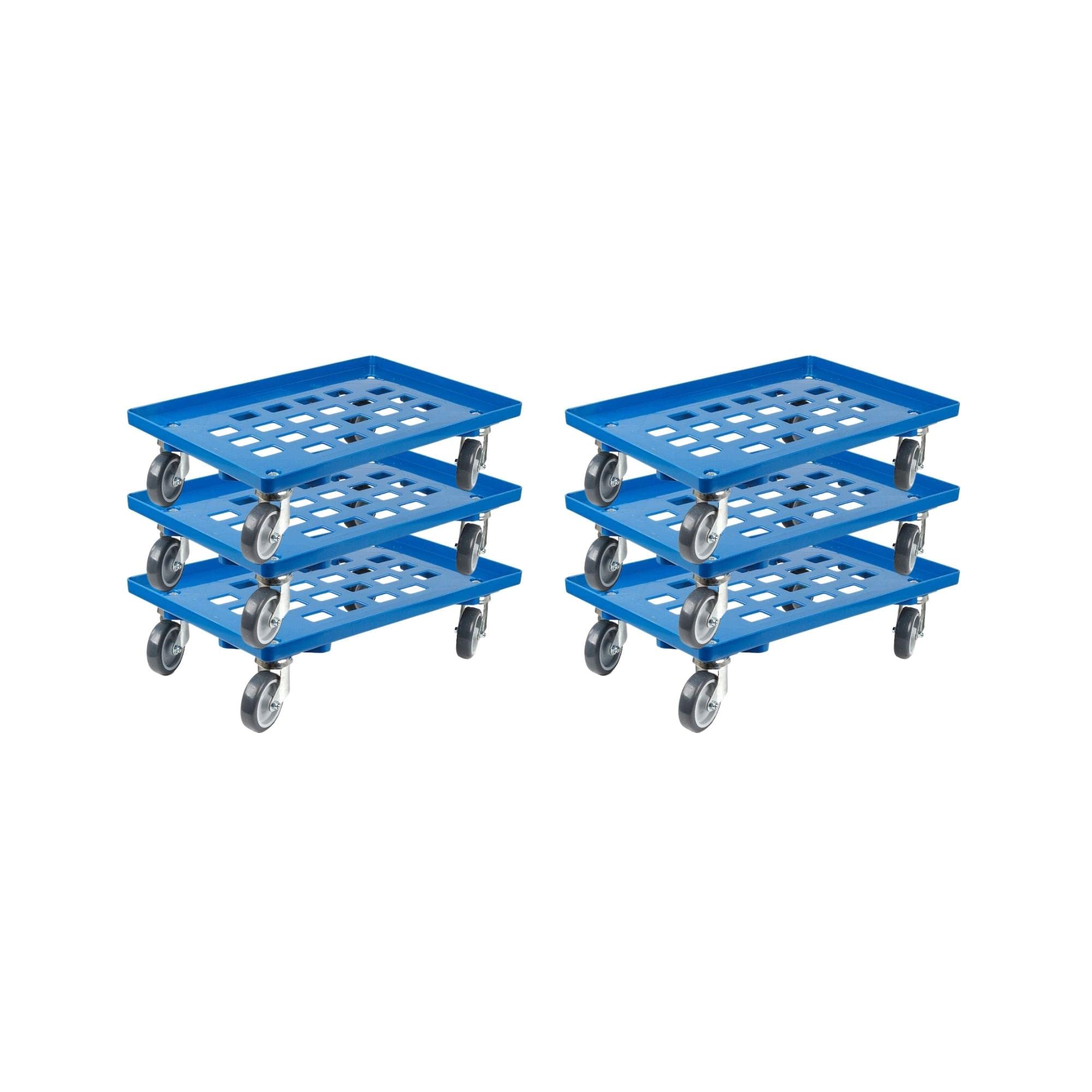 Transportroller für Euroboxen 60x40cm mit Gummiräder blau | Gitter/Rasterdeck | 2 Lenkrollen & 2 Bremsrollen | Traglast 300kg | Kistenroller Logistikroller Rollwagen Profi-Fahrgestell