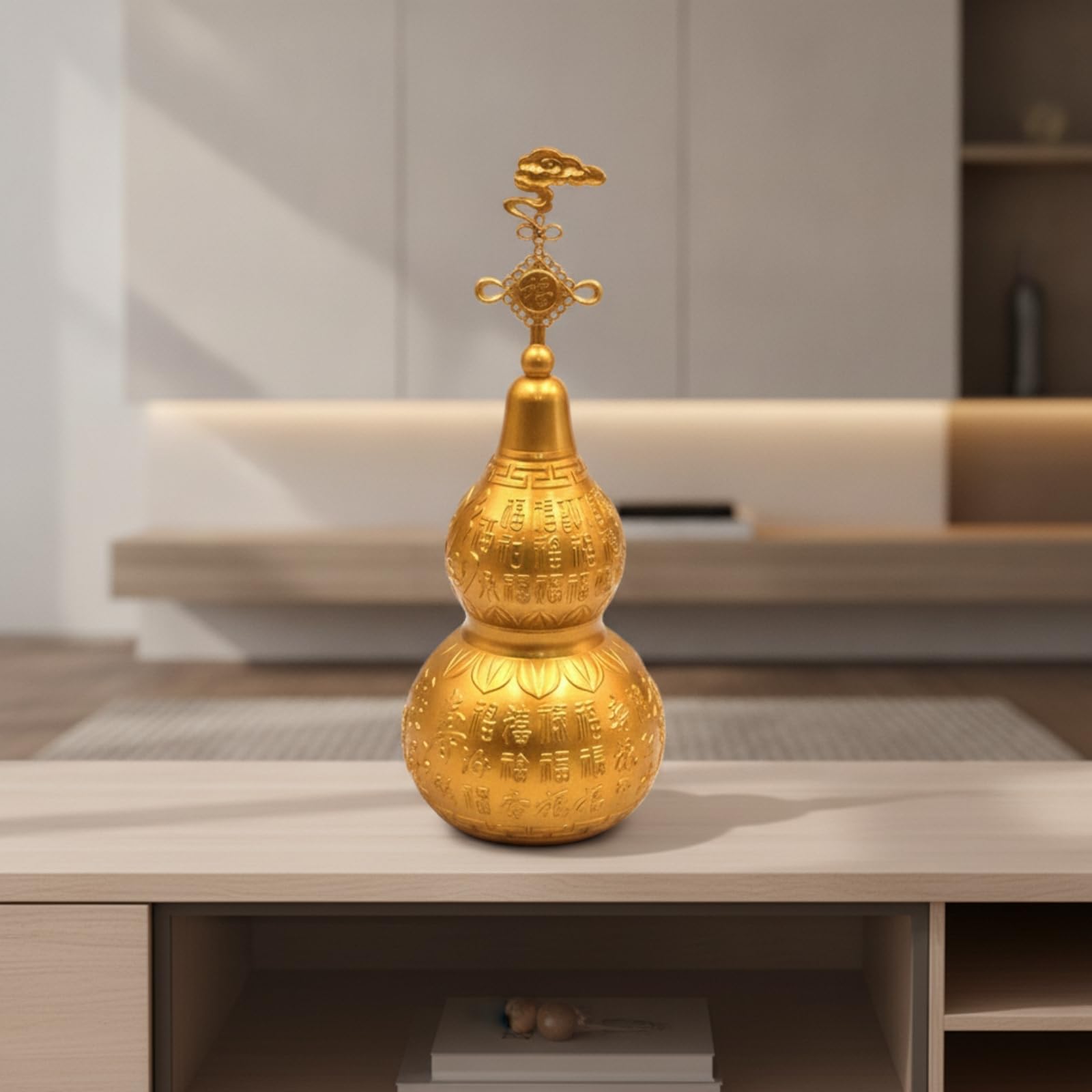 Calabaza de Latón Figura Ornamento Escultura Estatua Acabado Latonado con Relieve Chino y Adecuada para Entrada Sala Estantería Escritorio de Trabajo Colección 24cm