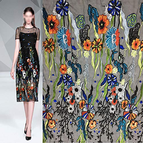 51" Width Floral Flower Embroidered Mesh Lace Fabric Colorful Vintage Lace Trims for DIY Wedding Dress Costume Accessories Home Decor (2 Yard(one Piece), Black mesh)
