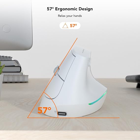 KYSONA Wireless Ergonomic Mouse, Vertical Mouse, Bluetooth Ergo Mouse, Quiet Click, 5 Level Adjustable DPI(800/1200/2400/2400/4000), Rechargeable 2.4G Mice Computer, PC, Mac, Laptop, White