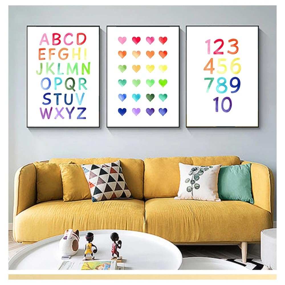WUHBCZ Canvas Paints-Abstract Playroom Educational Poster Wall Art Canvas Prints Neutral Watercolor Rainbow Alphabet Paintings Living Room Home Decoration-60 * 80cm/3PCS (No Frame)