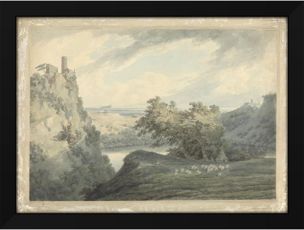 John Robert Cozens 24x19 Black Modern Framed Art Print Titled: Italian Mountainous Landscape with Lake Nemi (1790)