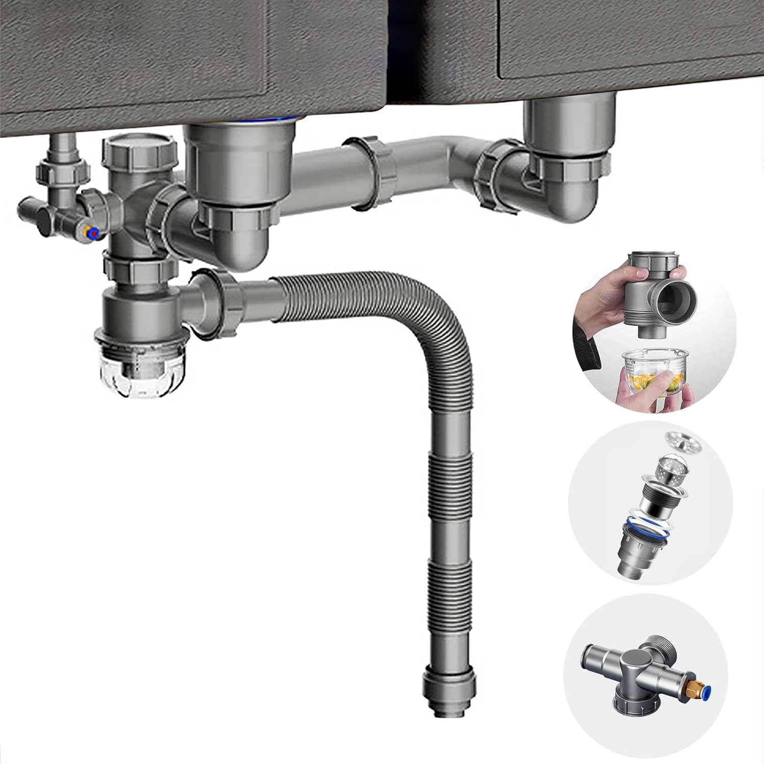 Set di scarico per doppio lavello - Set di scarico per lavello da cucina salvaspazio - Sifone flessibile estensibile 114mm - Set di montaggio per scarico lavello con adattatore di