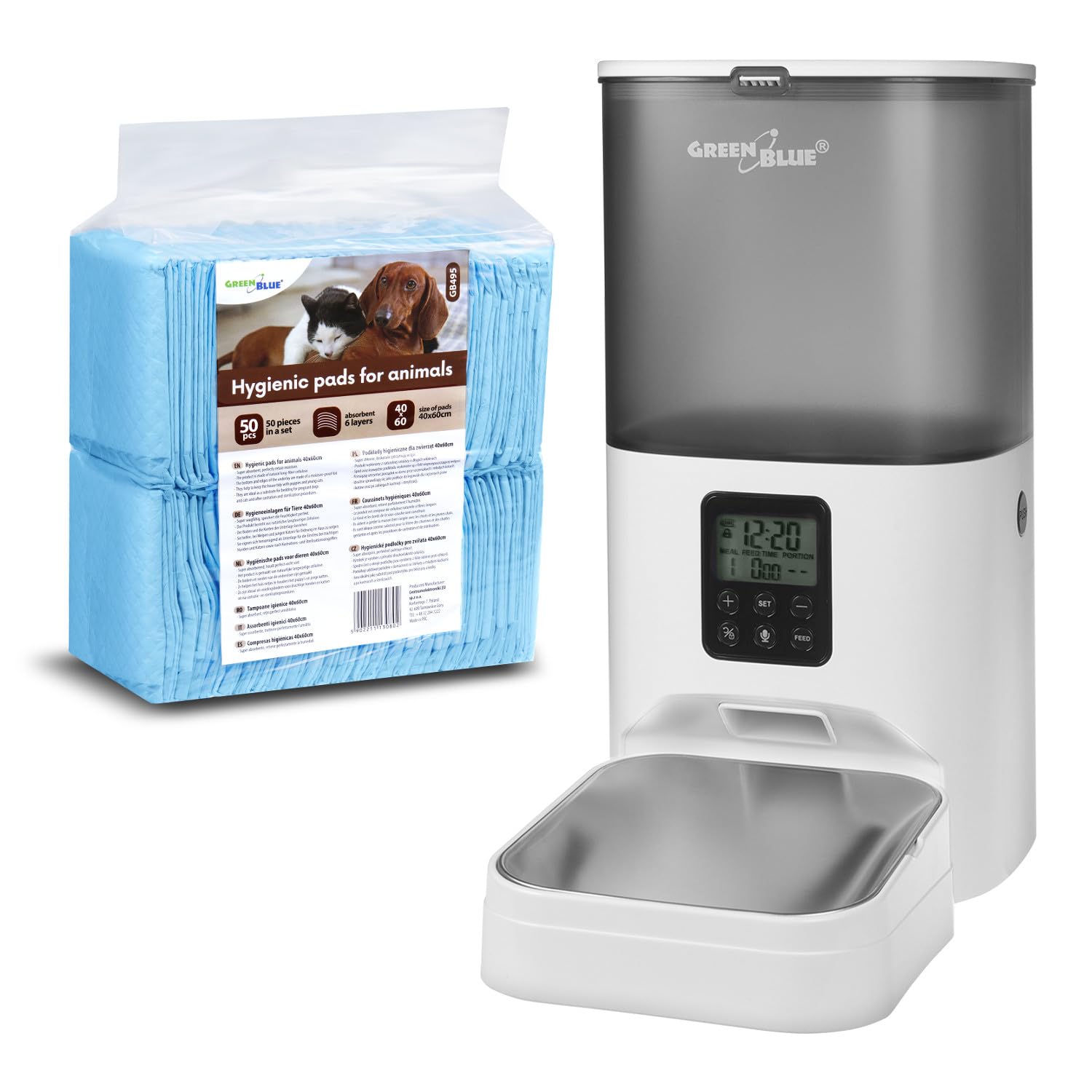 Green Blue GB393 Comedero Automático 6 litros para Mascotas | Programable MAX. 8 Comidas por Día | Dispensador para Perros y Gatos Pantalla LCD | Pilas o USB (Dispensador de Comidas + 50 Empapadores)
