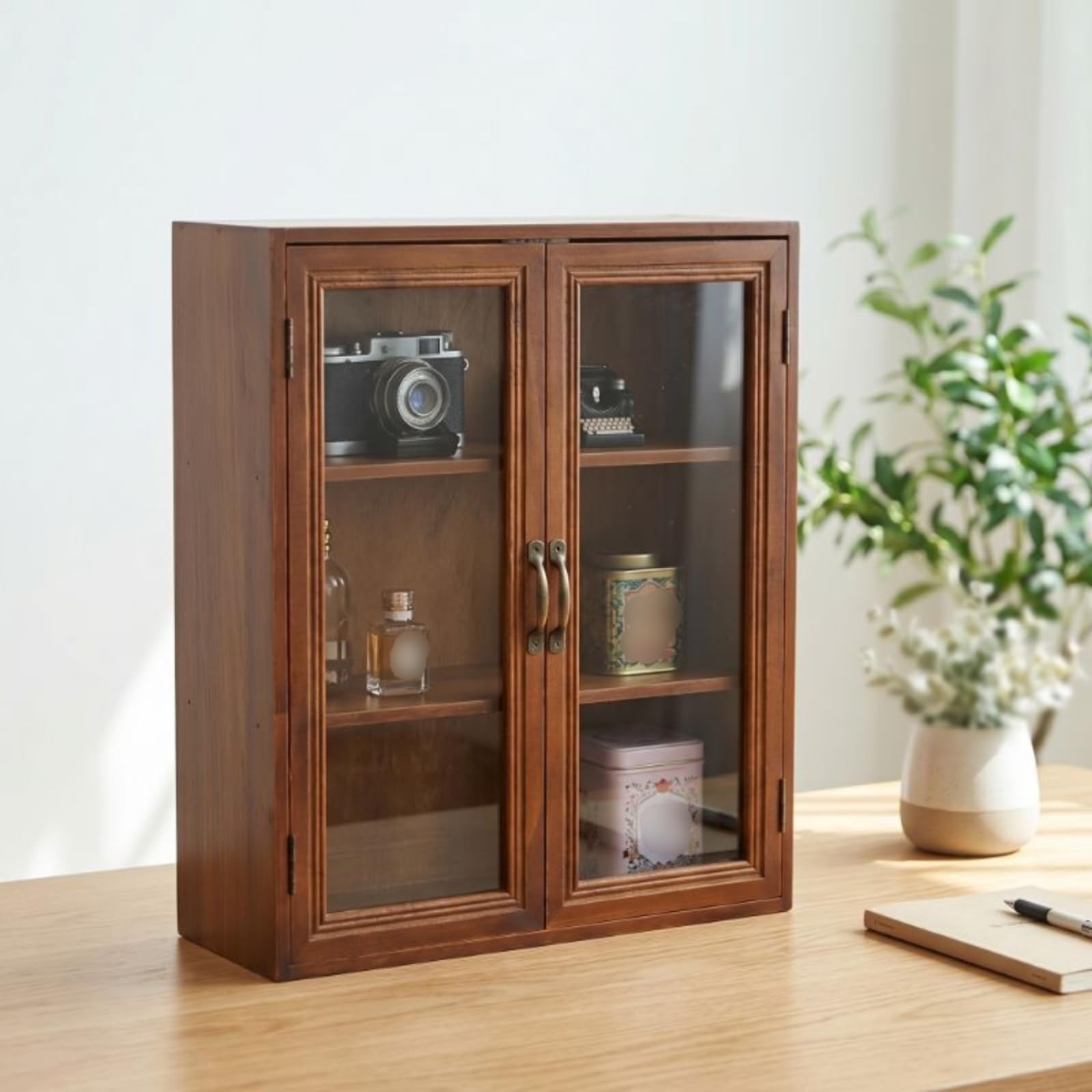 ハンドメイド　アンティーク調 木製卓上キャビネット 無垢材　アクリル扉 Amazon.co.jp: FytStycale 木製卓上キャビネット アンティーク調