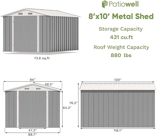 Miniatura 5 de Patiowell Cobertizo de almacenamiento para exteriores de 8 x 10 pies, cobertizo de metal grande para herramientas de jardín con techo inclinado y
