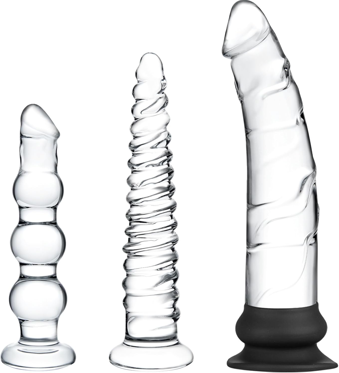 Silicone Suction Cup Big Glass Dildo Training Set, 3 Styles: Realistic Clear Dildos, Anal Beads Dildo & Ribbed Butt Plug for G-Spot & Vaginal Anal Temperature Play,Adult Toy for Men, Women & Couples