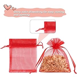 HRX Package 100pcs Little Red Organza Bags 3 x 4 inch, Mesh Jewelry Pouches Drawstring Empty Sachets for Bracelets Candy Small Gift