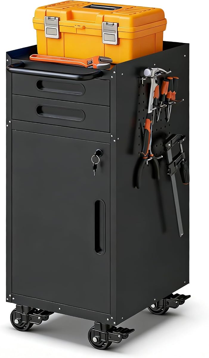 Gabinete de almacenamiento de metal para garaje, gabinete de herramientas, gabinete de servicios públicos | Gabinete para herramientas con ruedas, rodante, 2 cajones, 1 puerta con cerradura, encimera superior, tablero perforado, requiere ensamblaje, negro