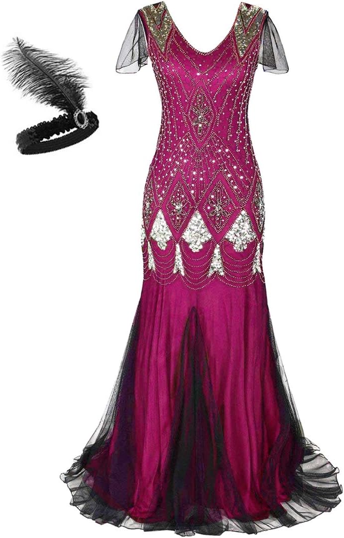 Womens 1920s Long Prom Gown Beaded Sequin Mermaid Evening Dress Great Gatsby Dresses for Women