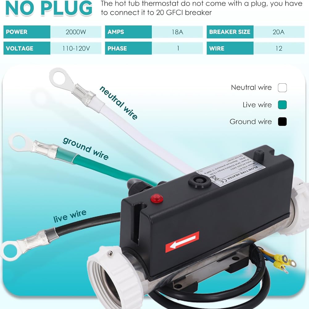 Gugxiom Calentador de Piscina, Eléctrico, Calentador de Agua, Termostato con Control de Temperatura, Autocalentamiento para Bañera de Hidromasaje, Piscina, Cableado (3KW)