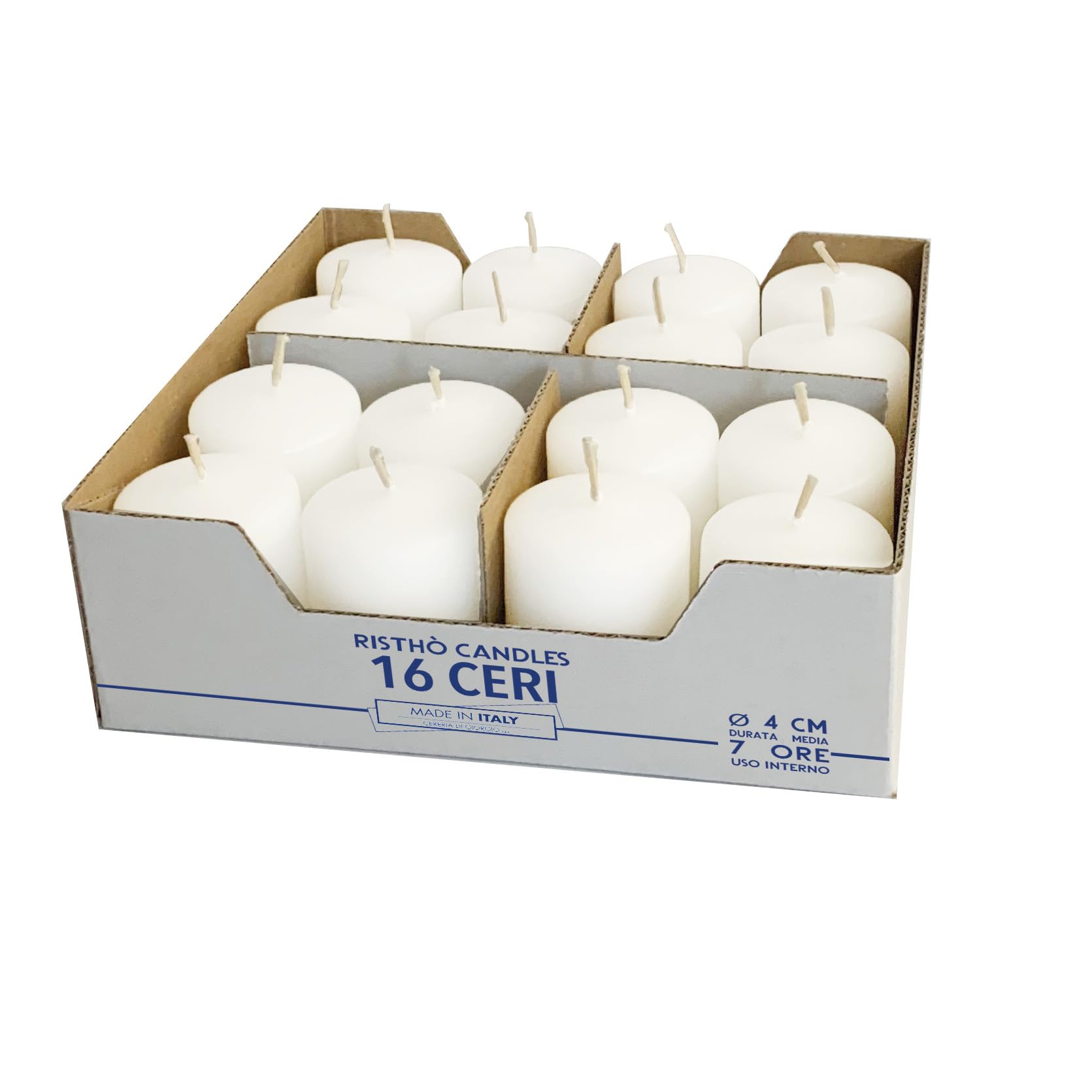 16 velas, cera, diámetro 4 cm, altura 5 cm, blanco