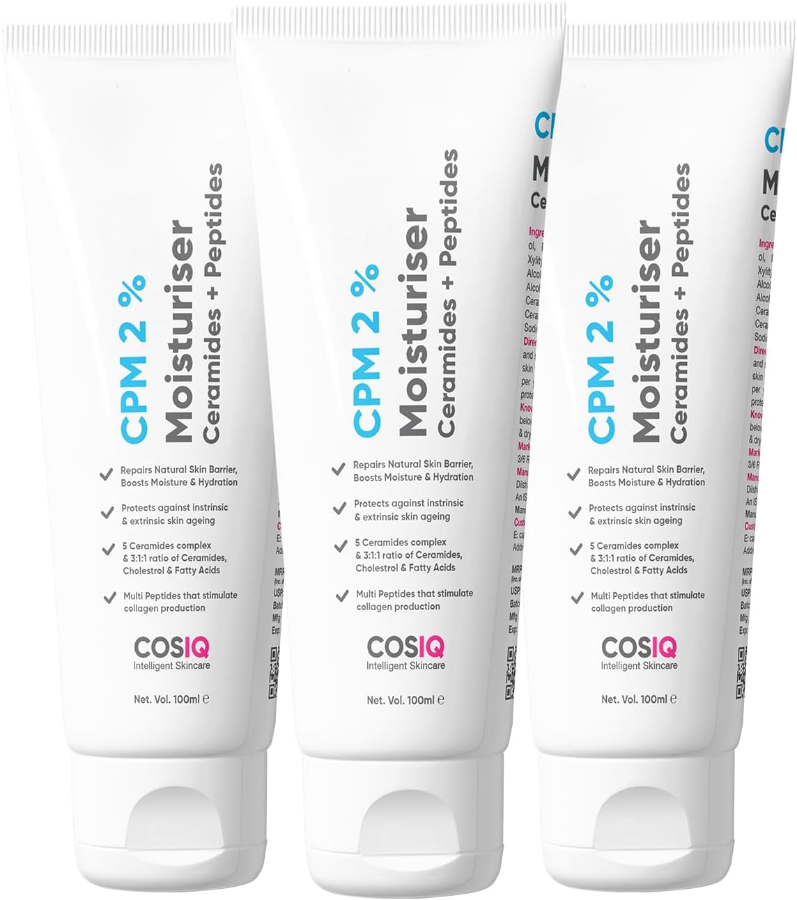 CPM 2% Ceramides with Peptides Moisturizer for Intense Moisturizing and Skin Strengthening (Pack of 3 X 100ml) | Barrier Repair Cream | For Oily, Dry, Normal & Sensitive Skin | 300ml