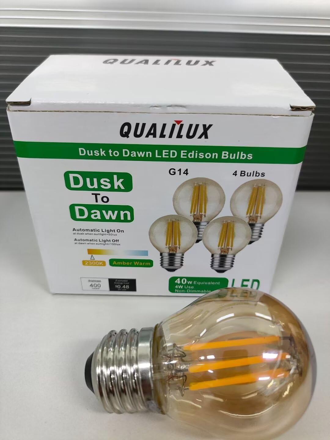 Qualilux G14 Small Dusk to Dawn Edison Light Bulbs Outdoor, Vintage Amber Glass, 4W=40W, Replace A15, 400LM Warm Light, Auto On/Off Light Sensing LED Filament Bulb, Non-Diimable, E26, 4-Pack, HQ-H039