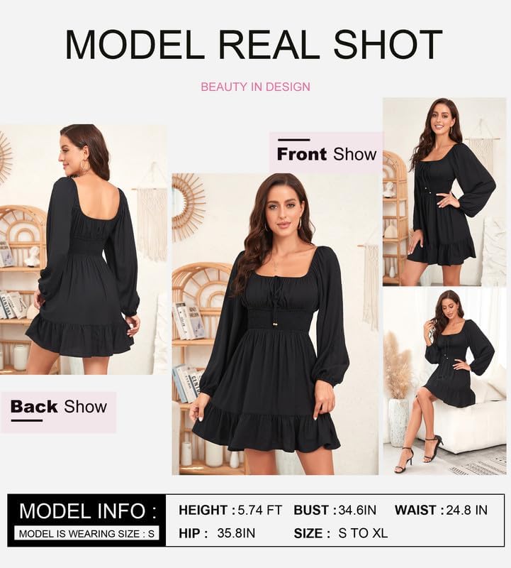 Dokotoo Womens Dresses Fashion 2026 Long Puff Sleeve Elastic Waist A-Line Casual Mini Beach Dress - Image 2