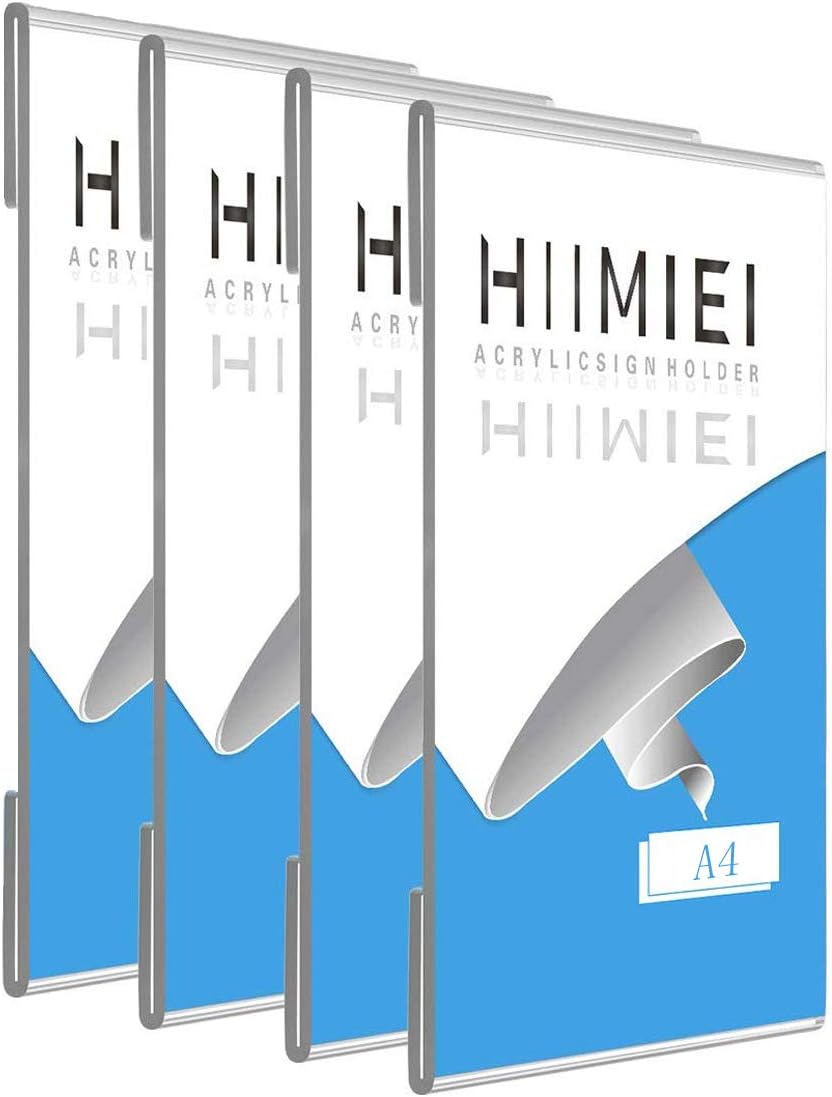 A4 Clear Acrylic Plexi Sign Holders with 3M Tape, Wall Sign Memo Document Menu Holder for Office, Home, Store, Restaurant-No Drilling (4 Pack)