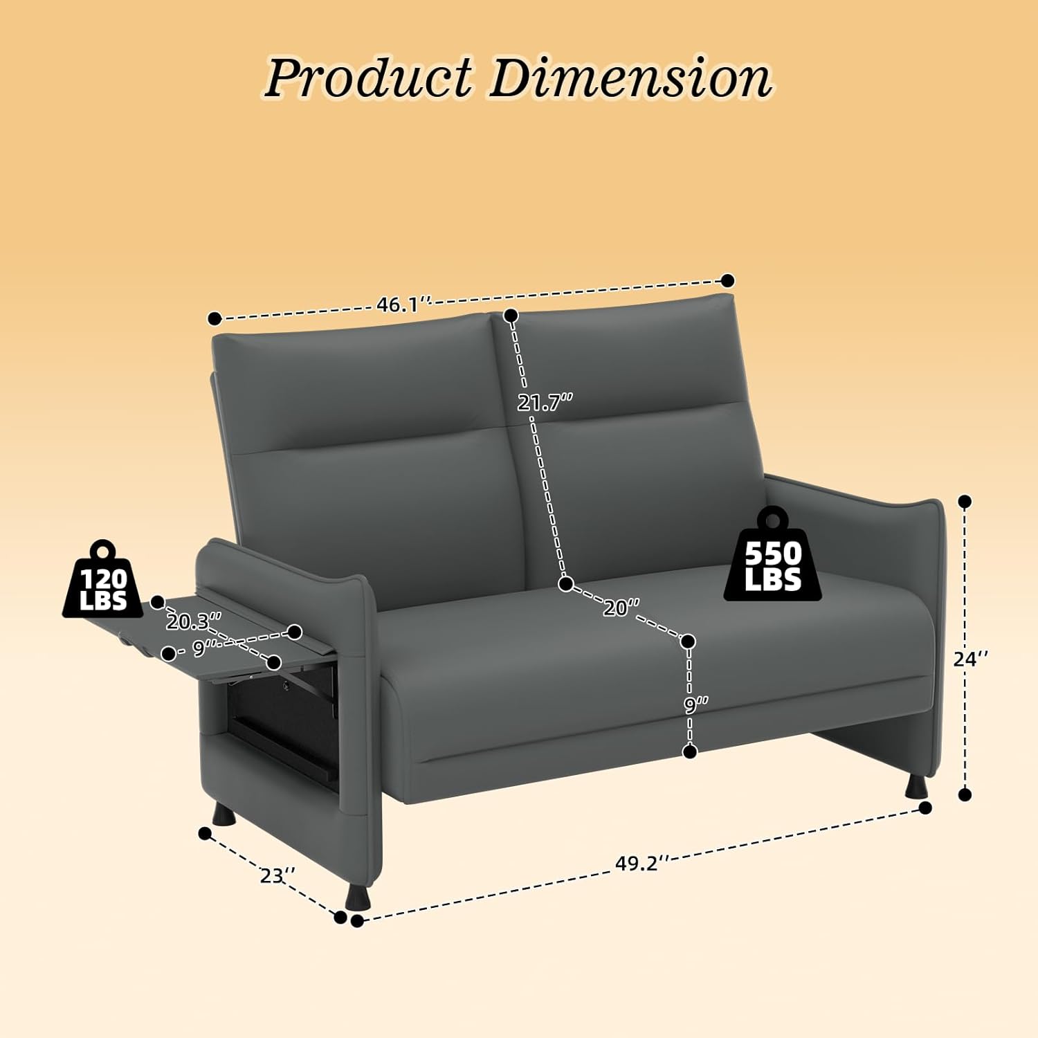 Faux Leather Small Loveseat Sofa, Small Sofa 2 Seater Couch with Flip Up Tray Table Side Pockets Elastic Cushion Perfect Loveseat Couch for Bedroom Living Room or Office, Gray