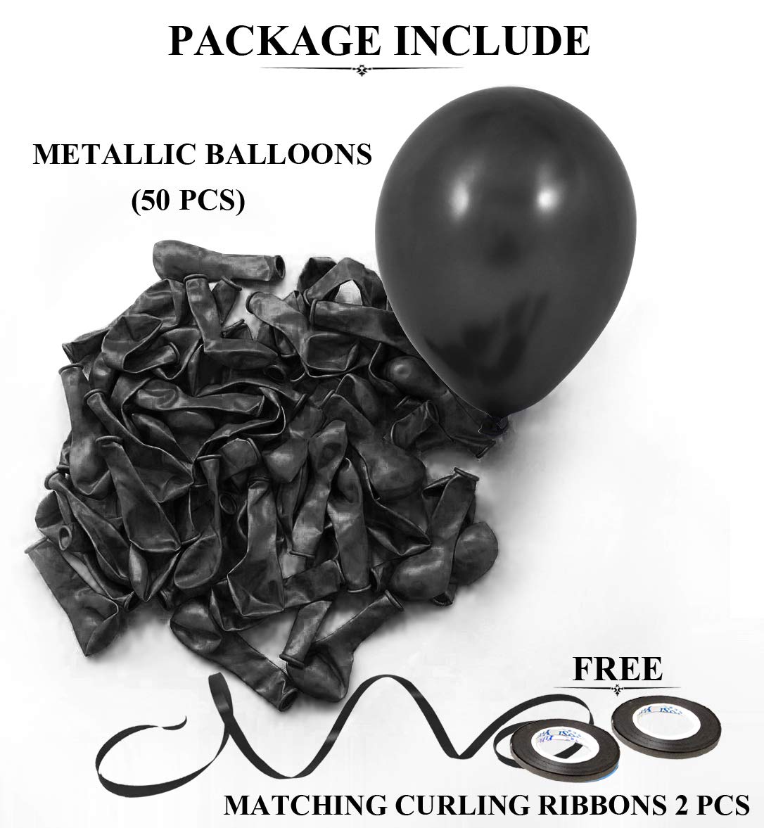 AMFIN® 10 Inch (Pack of 50) Black Metallic Balloons with Curling Ribbon for Engagement, Baby Shower, 1st Birthday, Anniversary Party, Bachelors, New Year Office Party, Diwali Decoration Balloon - Image 3 thumbnail