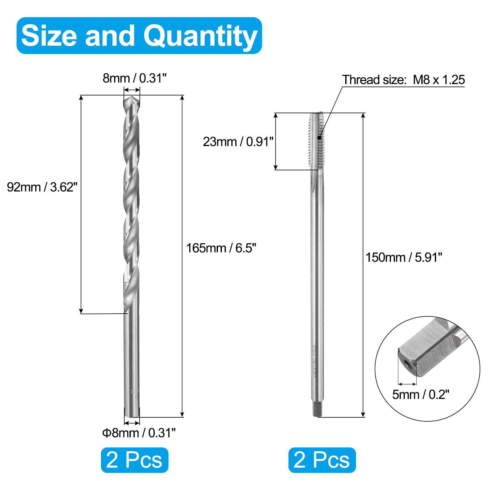 Zestaw gwintowników i wierteł, 2 szt. gwintowników metrycznych M8 x 1,25 z prostym rowkiem, 150 mm, bardzo długie i 2 szt. wierteł krętych 8 mm, 165 mm, bardzo długie, narzędzie do gwintowania HSS-
