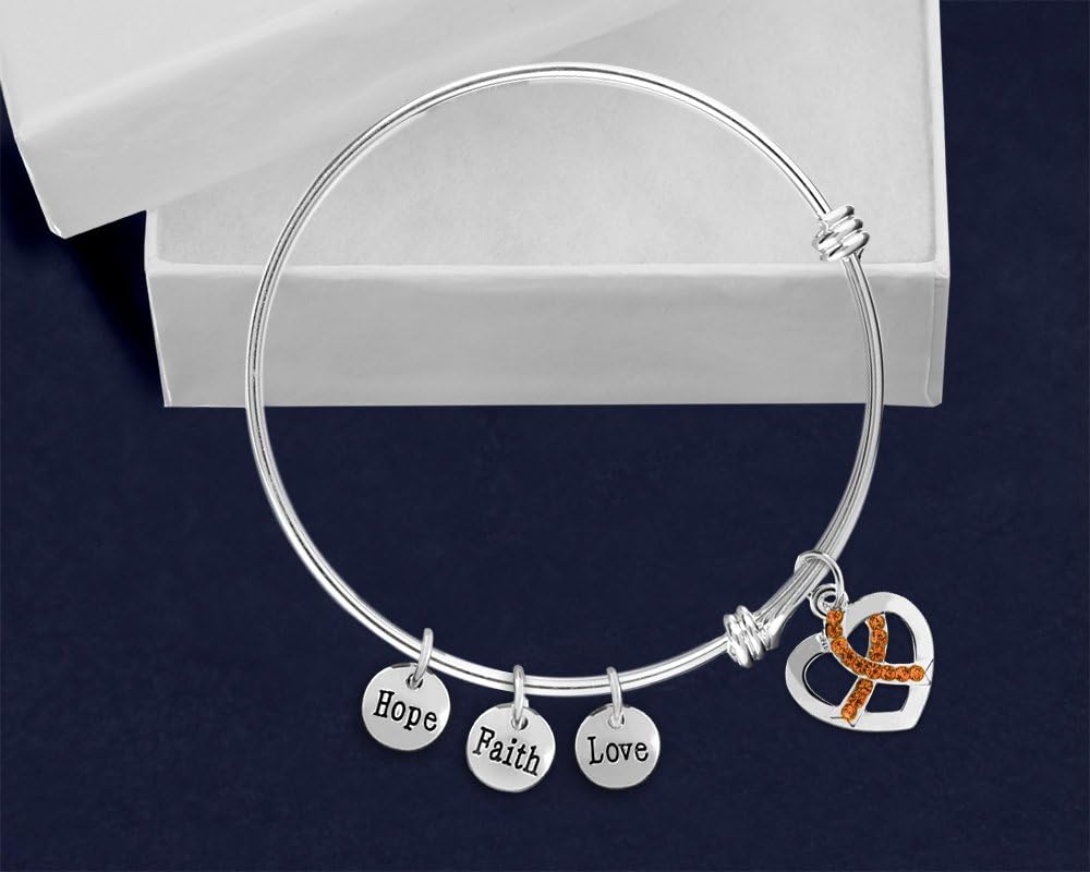 Fundraising For A Cause 5 Pack Kidney Cancer Awareness Orange Ribbon Crystal Charm Retractable Bracelets - Image 2