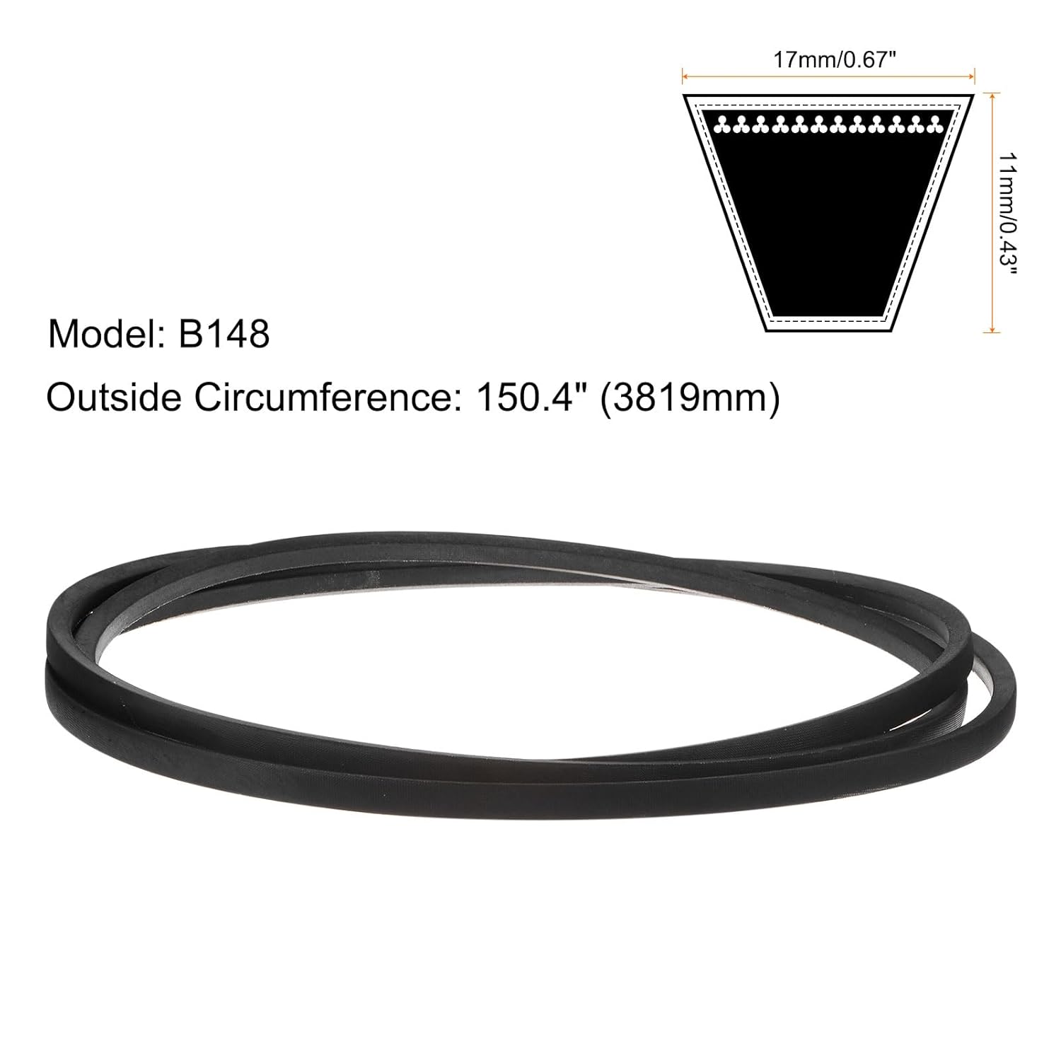 uxcell B148 Rubber V Belt, B Section V-Belt 150.4" Outside Circumference x 0.67" Width x 0.43" Thick, Industrial Power Transmission Belt, Black