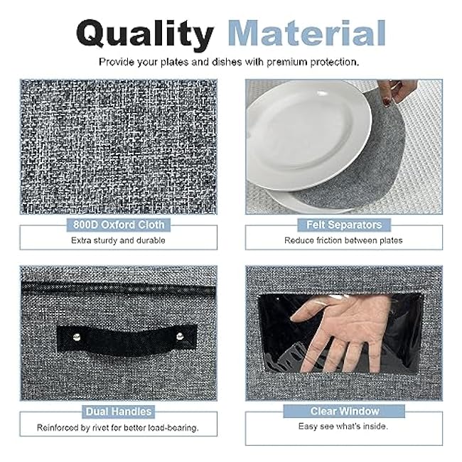 homyfort China Storage Containers With Lid and Handles, Dinnerware Storage Box for Dishes with 12 Felt Dividers, Hold 24 Plates, 12x 12, Set of 2, Grey