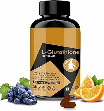 L - Glutathione Tablets 1000mg with Vitamin C & E, Biotin, Milk Thistle, Grape Seed Extract for Help to Skin Glow and Hydration Black 60 Tablets