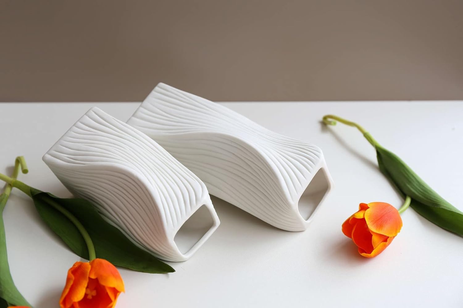 White Ceramic Vase Set of 2 for Modern Home Decor Vases for Decor Boho Vase Decorative Flower Vases for Living Room Coffee Table Bookshelf Decor