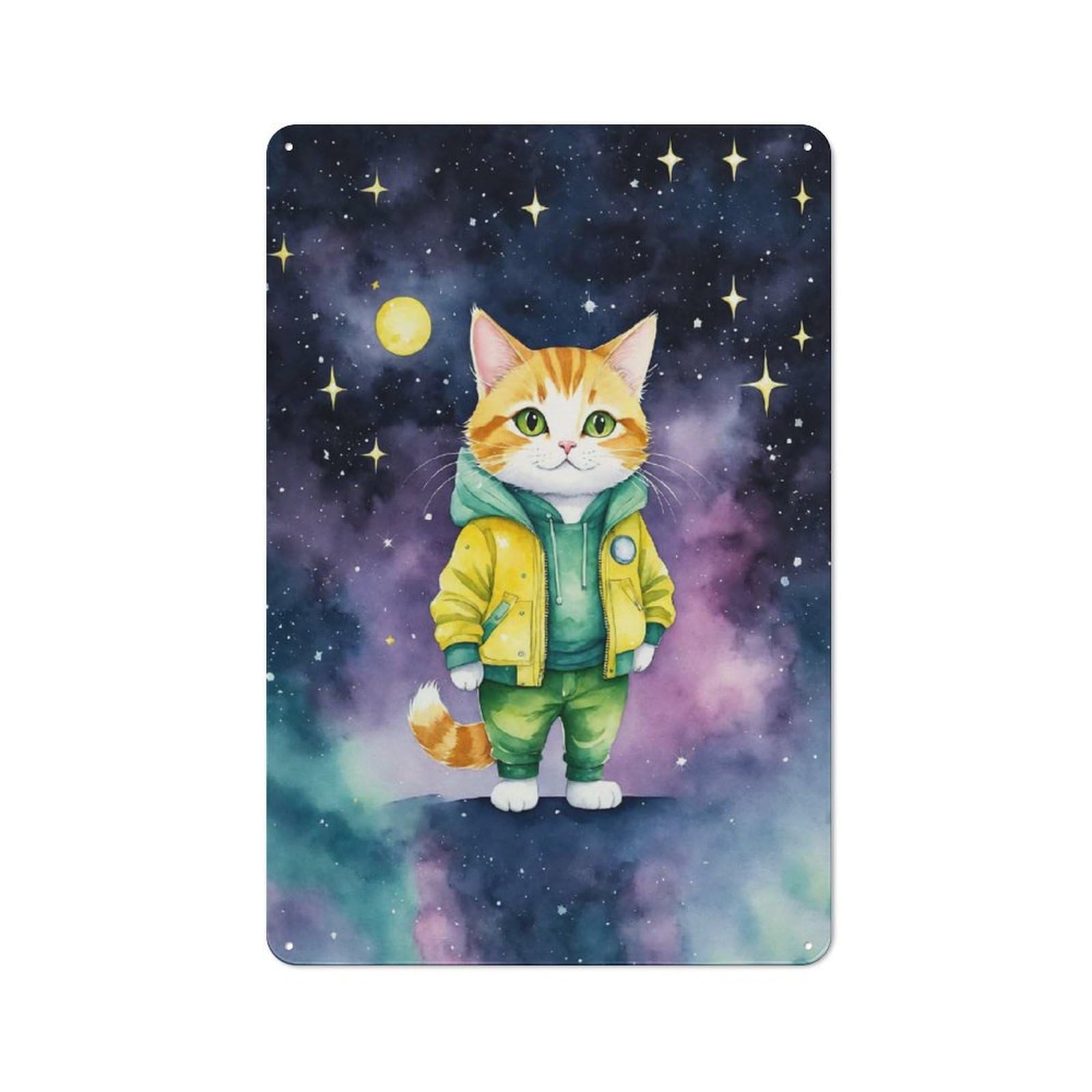 Junmoney Watercolor Cat In Space Friendly Metal Wall Decor 30X20cm, Decorative Metal Plaque For Coffee Bar, Small Shop Or Dining Room