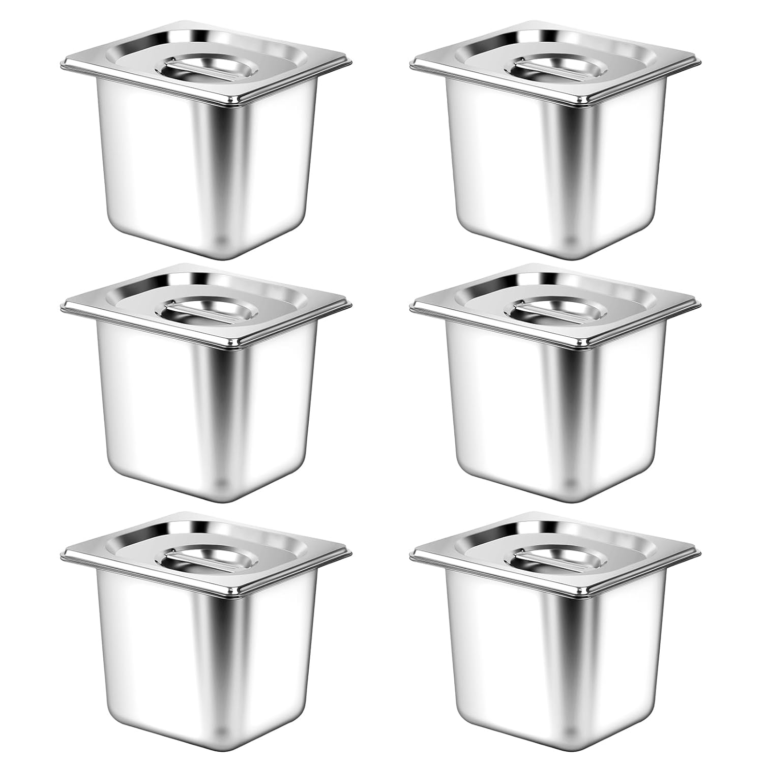 6 Pack 1/6 Size Stainless Steel Hotel Pans with Lids, 6 Inch Deep Steam Table Pans, Anti-Jam Metal Hotel Pans with Clip for Restaurant, Home, Catering Food Storage