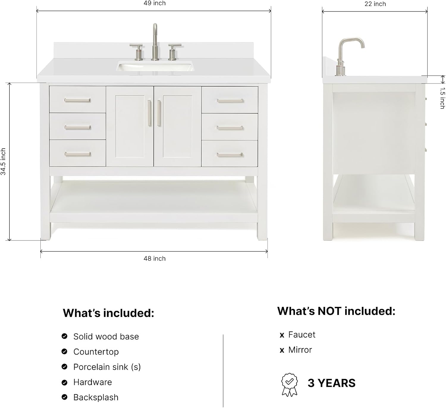 ARIEL Magnolia 48-inch Bathroom Vanity with Sink,Solid Wood, 1.5-inch Pure White Quartz Countertop & Backsplash, Single Rectangular Porcelain Sink, 2 Soft Closing Doors, 6 Dovetail Drawers, White