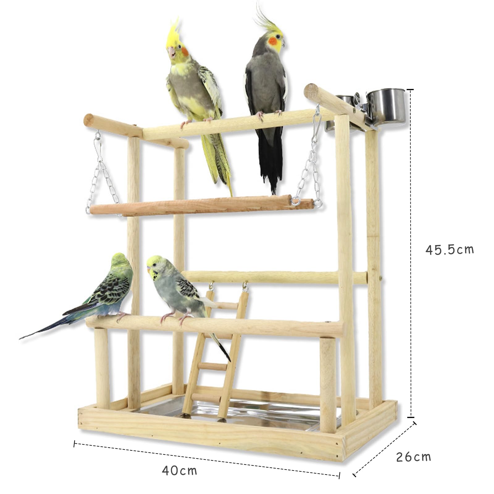 WishesMar Bird Playground Parrot Play Stand with Feeder Cup Swing Climb Ladder and Tray Budgie Playground Cage Exercise Gym Toys for Parakeets Cockatiel, Wooden, Size About 15.8x10.2x18.0 In #J - Image 2