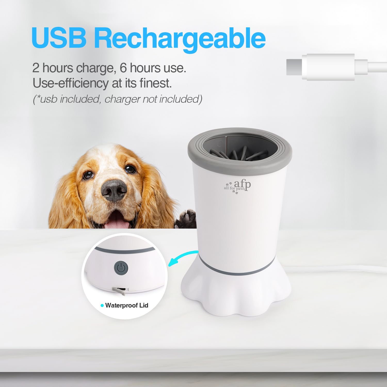 ALL FOR PAWS Automatischer Pfotenreiniger, 2 Reinigungsgeschwindigkeiten, Weiche Borsten, Abnehmbar, USB Aufladbar für Kleine und Mittlere Hunde