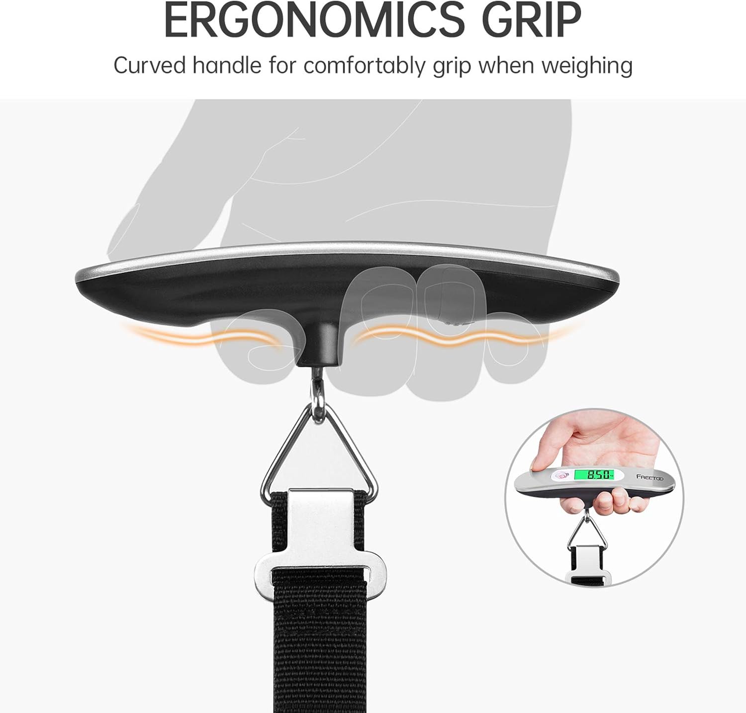 Vista 7 de FREETOO Báscula de equipaje portátil digital para maleta, báscula de viaje con función de tara, capacidad de 110 libras