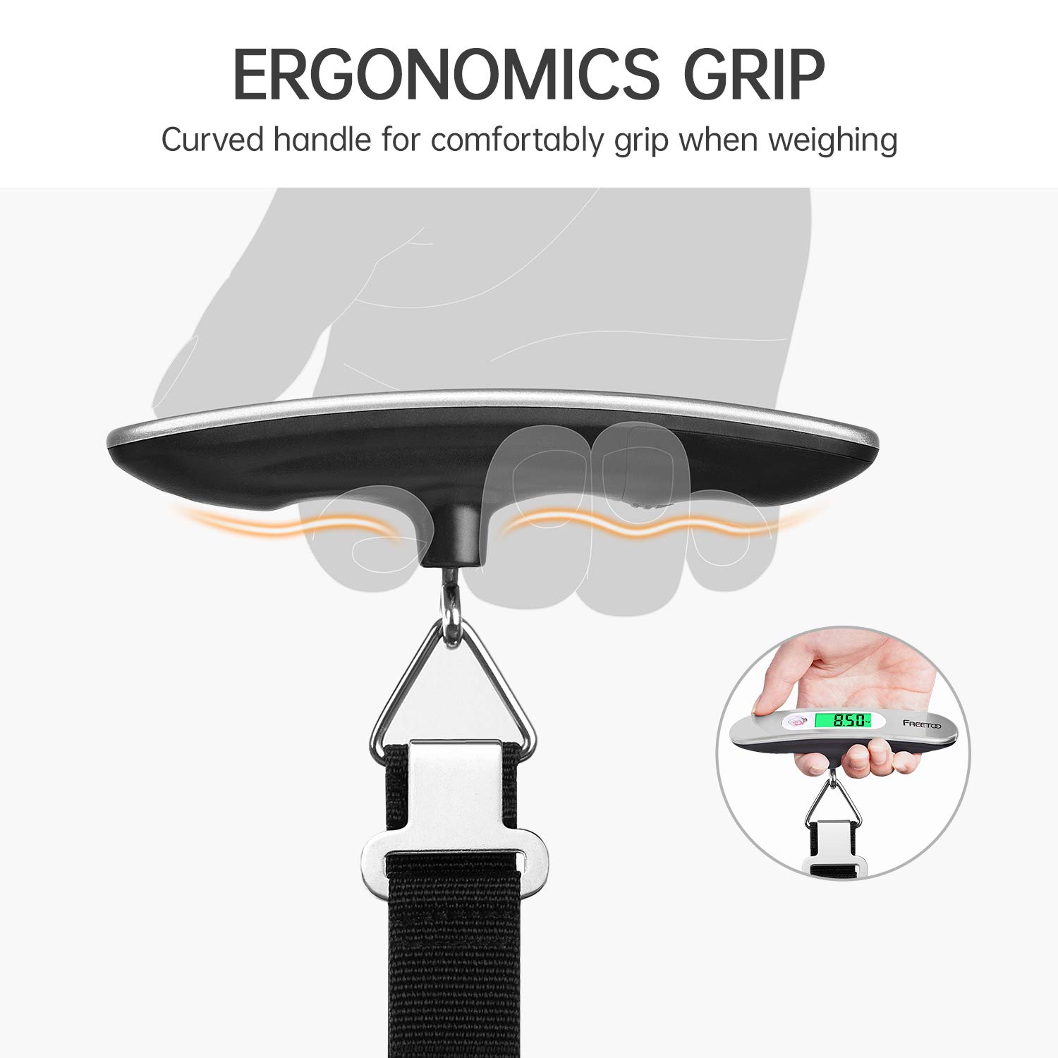 FREETOO Portable Digital Luggage Scale with icons illustrating its features