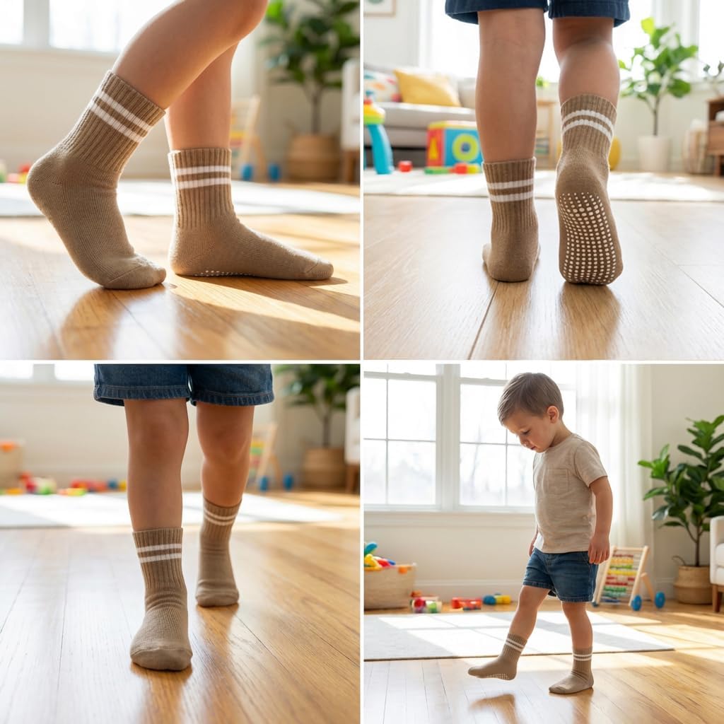 Toddler Non-Slip Socks,Unisex Baby Grip Crew Seamless Cotton Socks with Retro Stripe for Boys Girls Kids 6 Pairs - Image 5