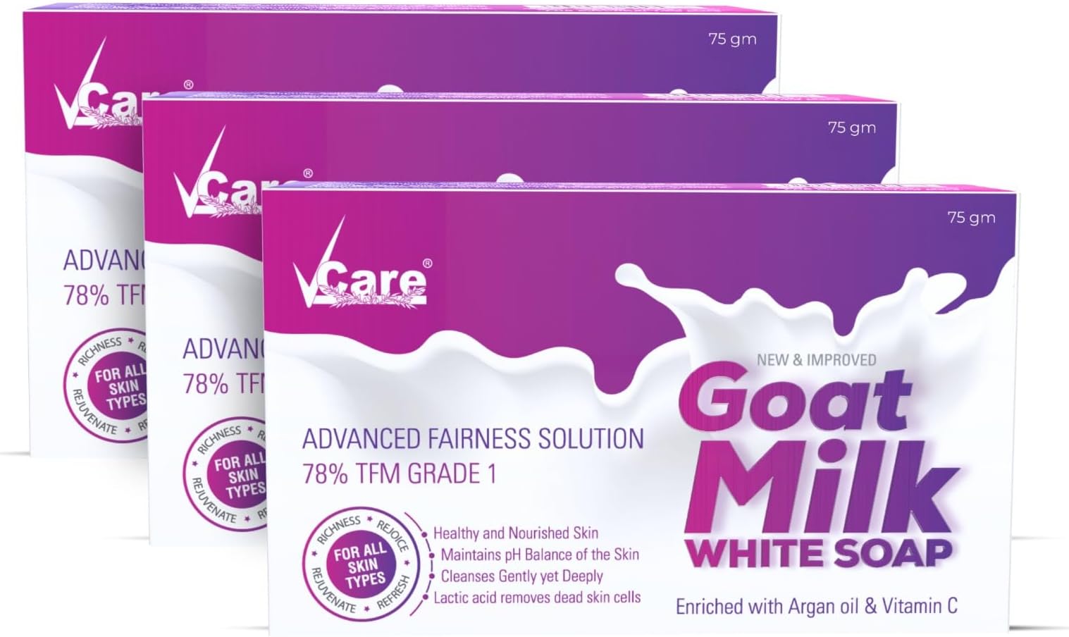 VCare Goat Milk Soap For Women & Men with Vitamin C Argan Oil for Deep Exfoliation and provides hydration | Sulfate & Paraben Free Bathing Soap Bar - 75 gms (Pack of 3)