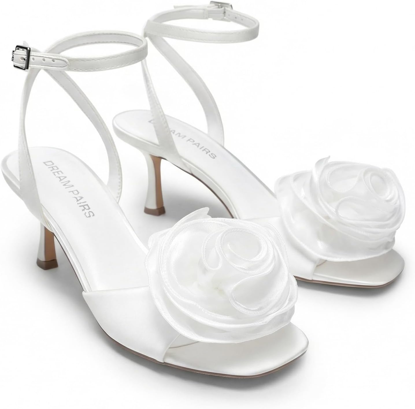 DREAM PAIRS Women's Low Kitten Wedding Heels Ankle Strap Square Toe Heeled Sandals Flower Dress Shoes