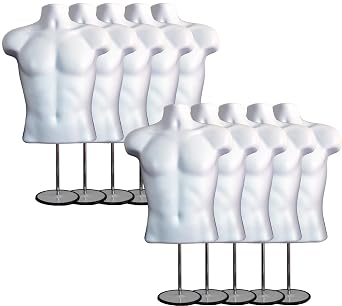 Male Mannequin Torso with Metal Stand Hollow Back Body Stackable Dress Form for Tshirt Display, Countertop, Craft Shows, Photos and Design, S-M Clothing Size White, Set of 10