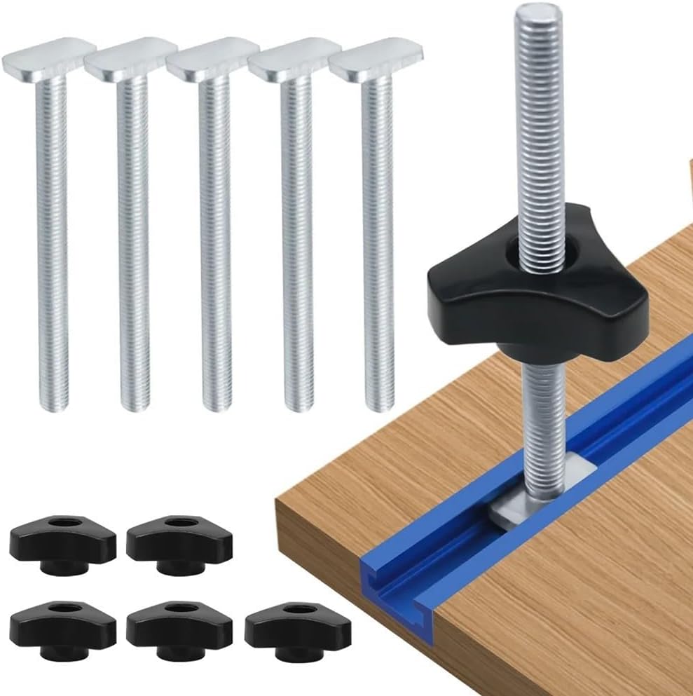 5 Sets M8 T Slot Bolts and Knobs with Plastic Nuts for Woodworking Jigs and Fixtures Compatible with Router Tables Chop Saw Fences and Drill Presses