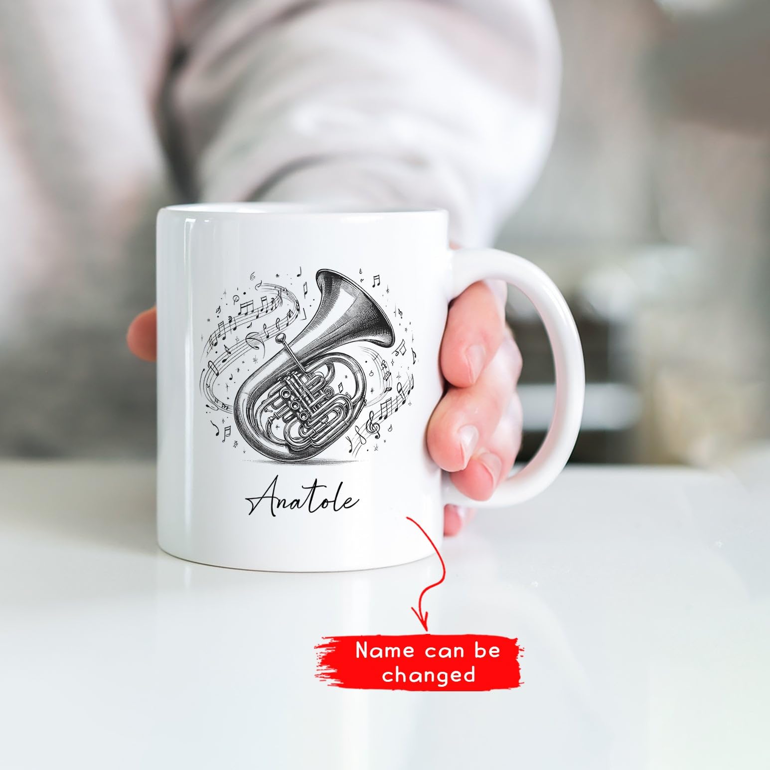 Personalized Tuba Instrument Porcelain Mug 11oz 15oz, Tuba Pencil Drawing Teacup With Custom Name, Tuba Gifts For Tuba Players Tuba Lovers, Tuba Musician Ceramic Coffee Mug, Tubaist White Travel Mug