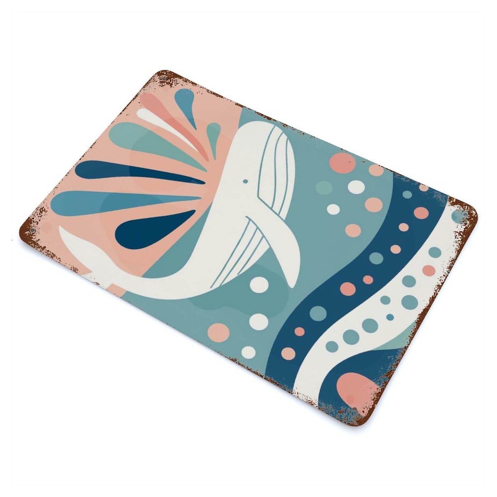Rusty Metal Tin Sign with Pastel Whale Design 11.8"x7.9", for Farmhouse, Kitchen And Entryway Decor, Rustic Home Decor